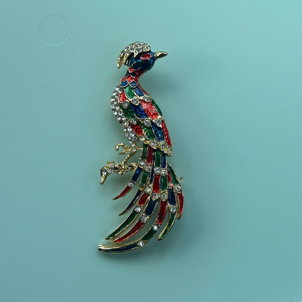 Vintage Multi-Colored Enamel Peacock Brooch Gold-Tone Rhinestone Bird Pin - Picture 10 of 10